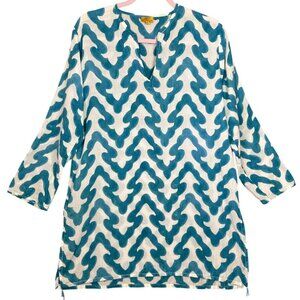 Roller Rabbit Kurta Cotton Tunic Top Large Blue Bead Printed VNeck Cotton Resort